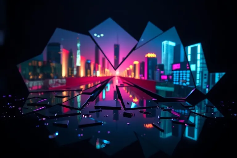 Un espejo roto que refleja fragmentos de una ciudad, simbolizando la adaptabilidad y la visión multifacética de Géminis.