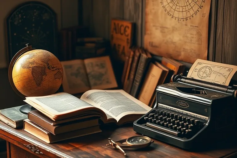 Fotografía de bodegón de un antiguo globo terráqueo, libros, una máquina de escribir vintage y una brújula, iluminados por una luz suave, simbolizando la comunicación y la exploración.