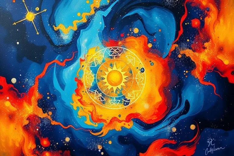 Pintura al óleo abstracta con un remolino de azules profundos, naranjas ardientes y amarillos brillantes, con pinceladas dinámicas que sugieren movimiento y energía intelectual, y sutiles símbolos antiguos.
