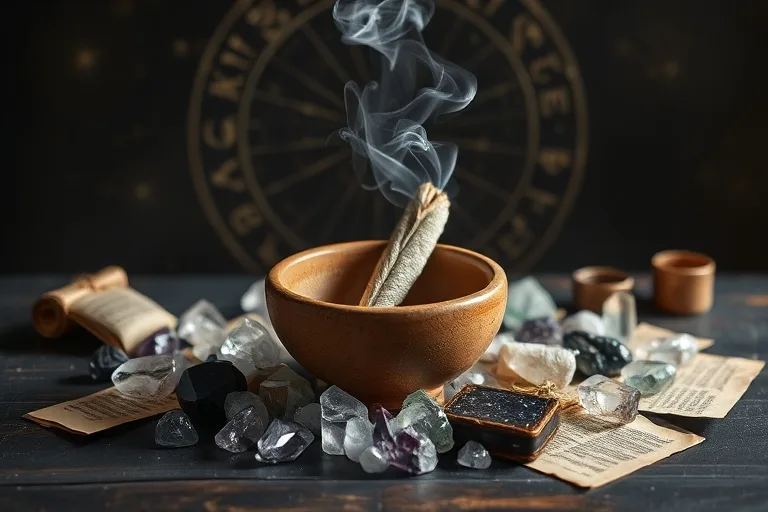 Fotografía de bodegón de un cuenco rústico de cerámica con salvia blanca humeante, rodeado de cristales pulidos y textos antiguos, con iluminación suave.