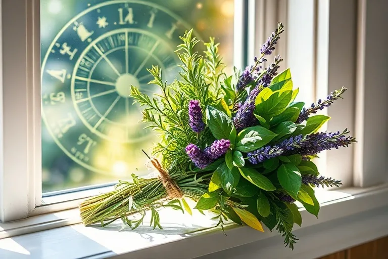 Pintura de acuarela de un vibrante ramo de romero, lavanda y albahaca atado con un cordel natural, sobre un alféizar soleado con una suave brisa.