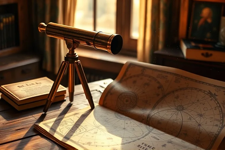 Fotografía cinematográfica de un telescopio vintage y un mapa estelar con un libro infantil