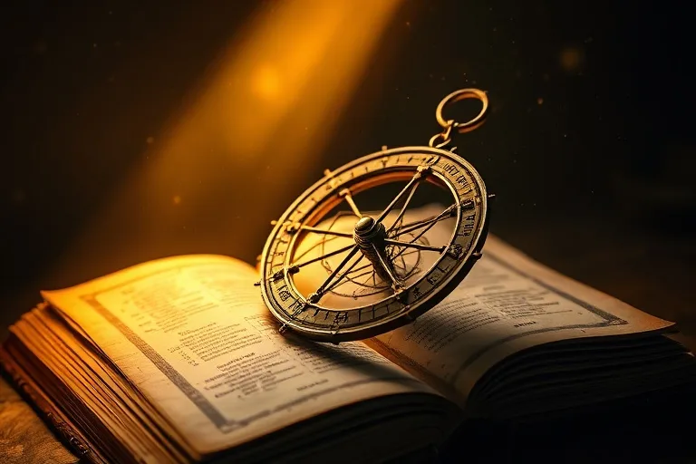 Fotografía cinemática de un astrolabio antiguo sobre un libro de astrología abierto, iluminado por un rayo de luz, simbolizando sabiduría ancestral y el paso del tiempo.