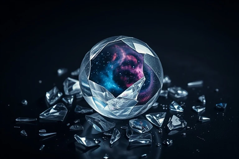 Arte conceptual abstracto de un orbe de cristal roto que refleja un cielo estrellado distorsionado, sobre una superficie oscura, simbolizando la introspección y la naturaleza fragmentada de las predicciones futuras.