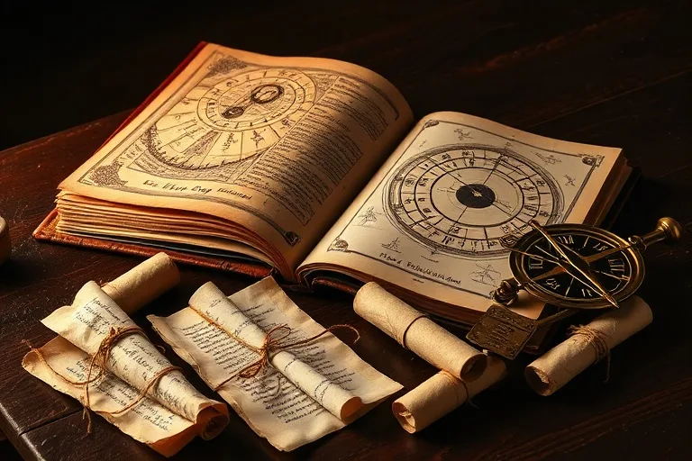Almanaque astrológico antiguo con astrolabio y pergaminos, simbolizando la sabiduría ancestral y el paso del tiempo.