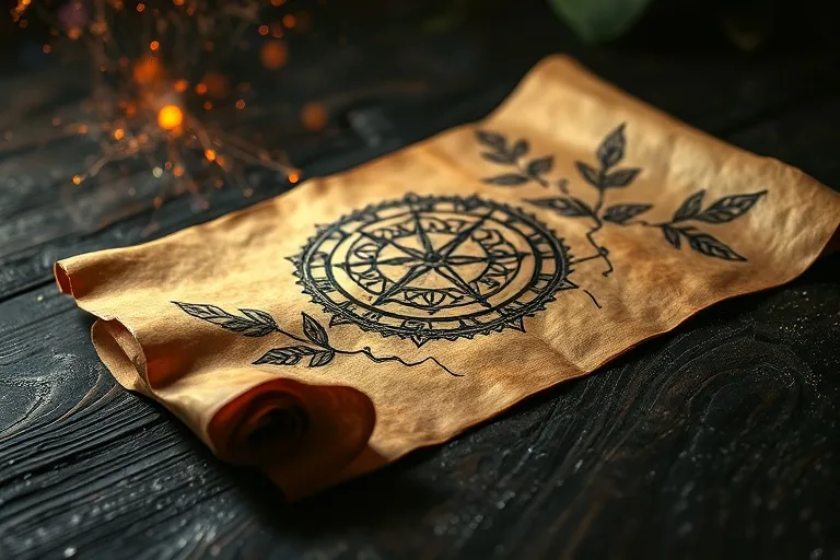 Un antiguo pergamino de cuero con dibujos de raíces y hojas de árboles, iluminado por una luz suave, sobre una mesa de madera rústica.