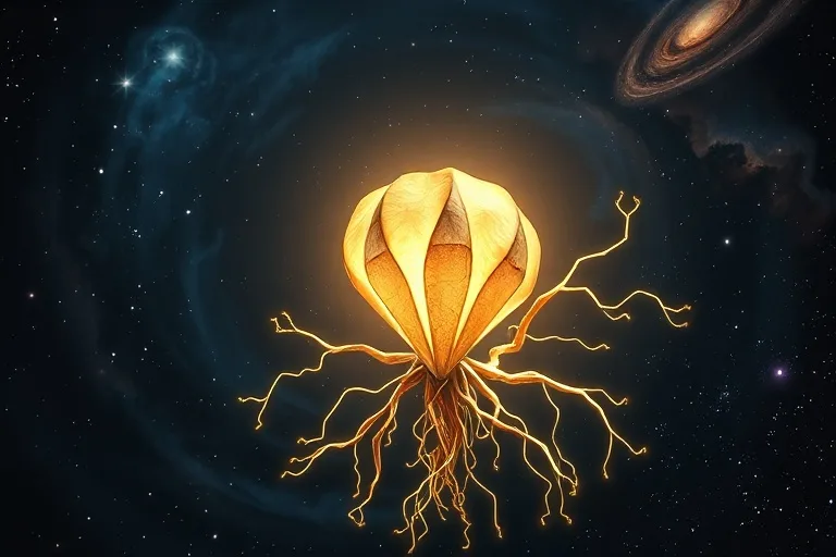 Una semilla brillante suspendida en un espacio cósmico con ramificaciones que se asemejan a las raíces de un árbol, simbolizando el destino y la conexión universal.