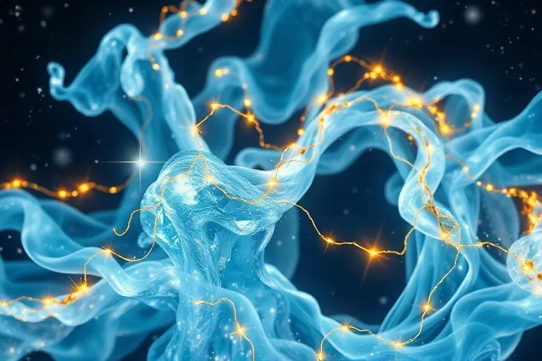 Ilustración 3D de corrientes de agua luminosas entrelazadas con hilos dorados, representando la complejidad de las emociones y el destino.