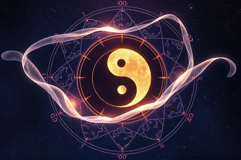 Ilustración conceptual de Yin y Yang con cintas etéreas entrelazadas, rodeadas por siluetas abstractas de animales del zodiaco chino