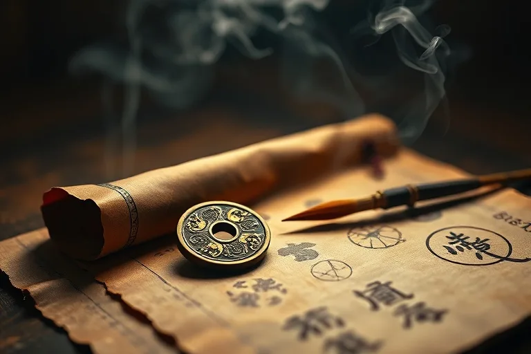 Bodegón de herramientas de adivinación chinas antiguas, con una moneda de I Ching y un pincel sobre un pergamino con símbolos astrológicos, en un ambiente místico.