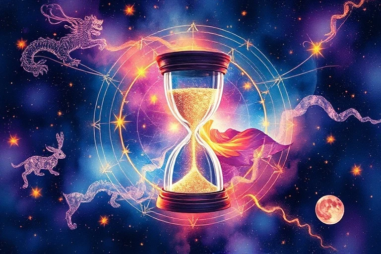 Pintura abstracta en acuarela de energías cósmicas y formas animales sutiles, con un reloj de arena brillante, representando la influencia de la hora de nacimiento en el destino.
