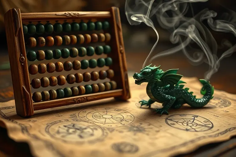 Fotografía macro de un ábaco chino antiguo sobre un pergamino con símbolos védicos planetarios y un dragón de jade, con incienso humeante.
