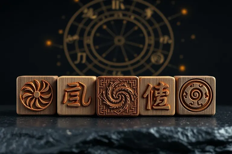 Cinco bloques de madera tallados con símbolos abstractos de los elementos chinos: madera, fuego, tierra, metal y agua, sobre una superficie de piedra oscura.