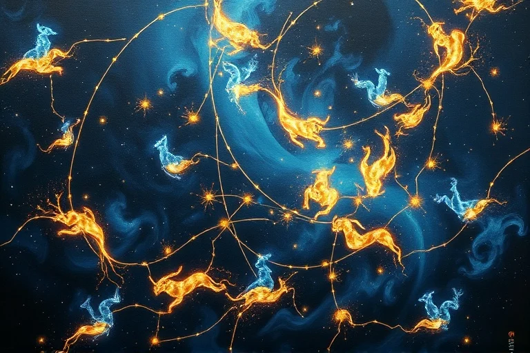 Pintura al óleo conceptual que muestra hilos de luz entrelazados en un tapiz cósmico, con siluetas abstractas de animales y una paleta de azules y dorados.