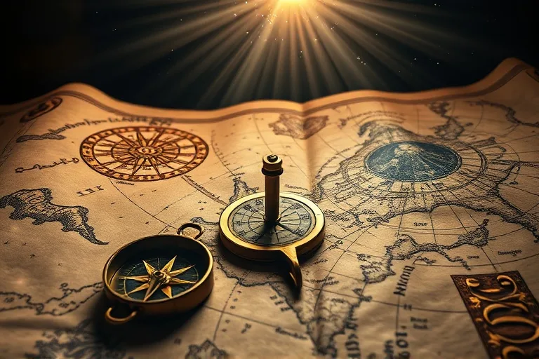 Brújula antigua apuntando a un mapa celestial, con luz etérea, simbolizando el destino