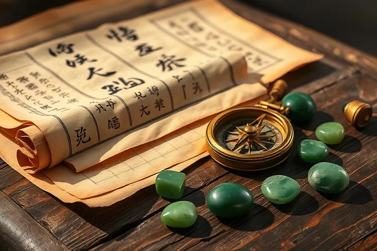Fotografía de bodegón con pergaminos chinos antiguos, una brújula y piedras de jade sobre una mesa de madera oscura, iluminado por una luz dorada tenue.