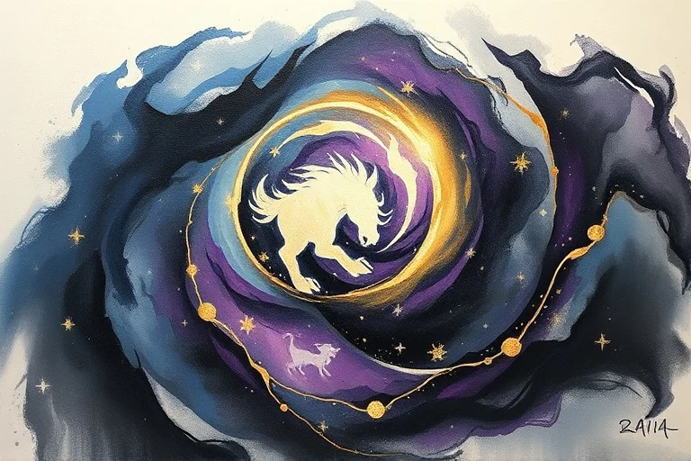 Pintura al óleo abstracta que representa el equilibrio cósmico, con remolinos de azules, púrpuras y dorados, y sutiles contornos etéreos de animales zodiacales chinos integrados.