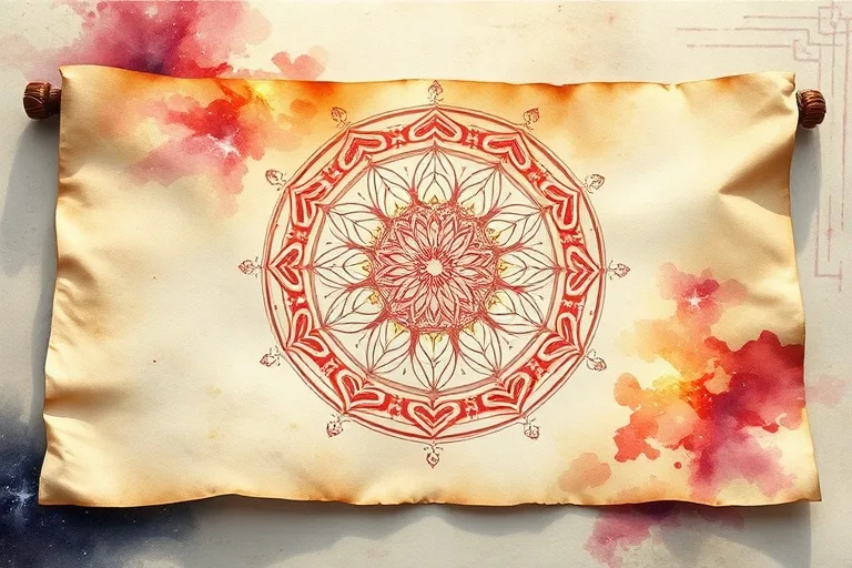 Pintura de acuarela de un pergamino antiguo con símbolos abstractos del destino, iluminado suavemente.