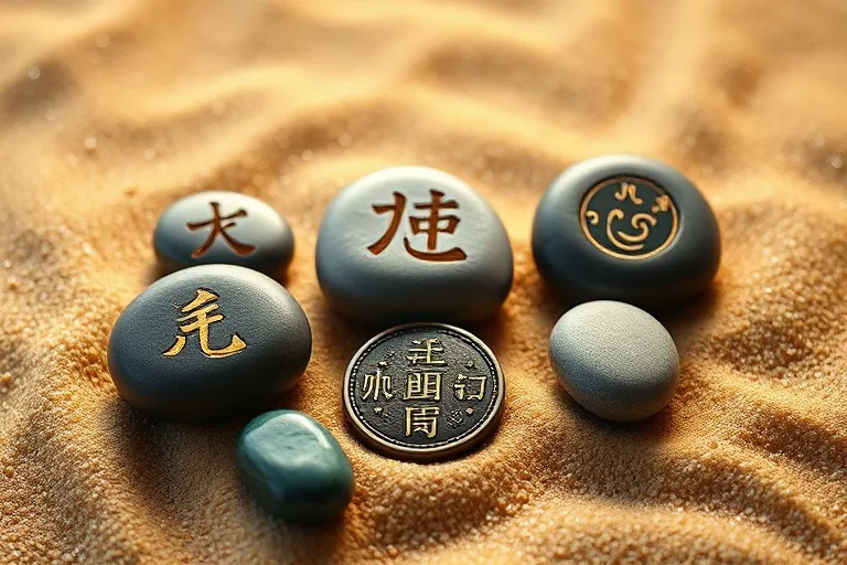 Renderizado 3D de piedras de río pulidas con símbolos de elementos chinos, dispuestas en arena fina con una moneda antigua.