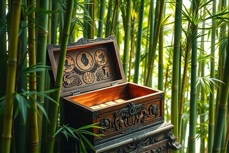 Caja de madera antigua entre bambú, simbolizando sabiduría oculta y profundidad en la astrología china.