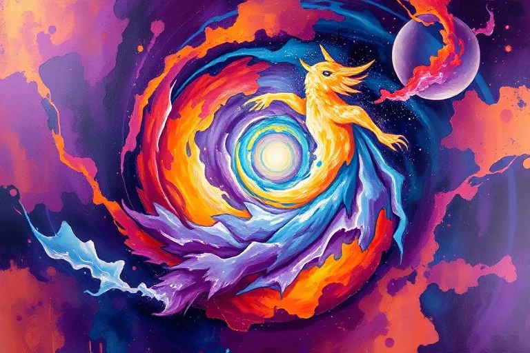 Pintura abstracta de remolinos de colores vibrantes, representando la energía del alma y el despertar espiritual.
