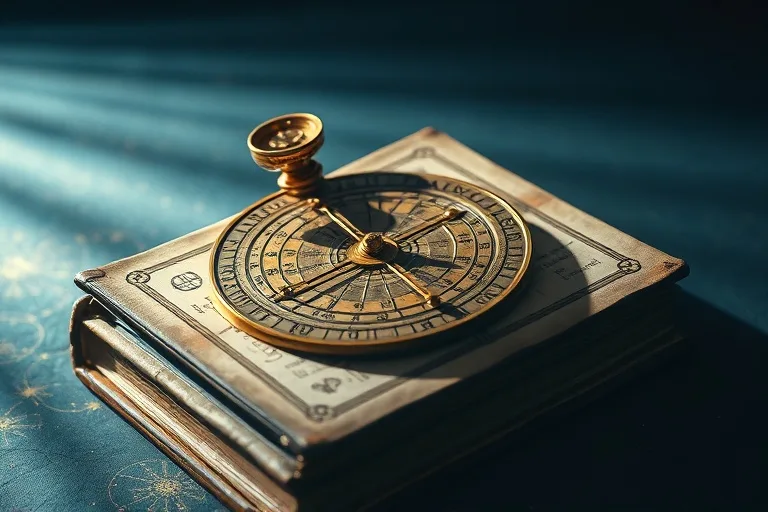 Astrolabio antiguo sobre un libro de efemérides, iluminado por luz de luna, simbolizando las herramientas de la astrología.