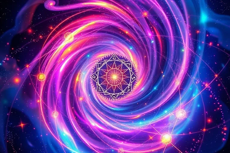 Arte conceptual abstracto de un vórtice de colores iridiscentes con símbolos astrológicos, representando la autoconciencia.