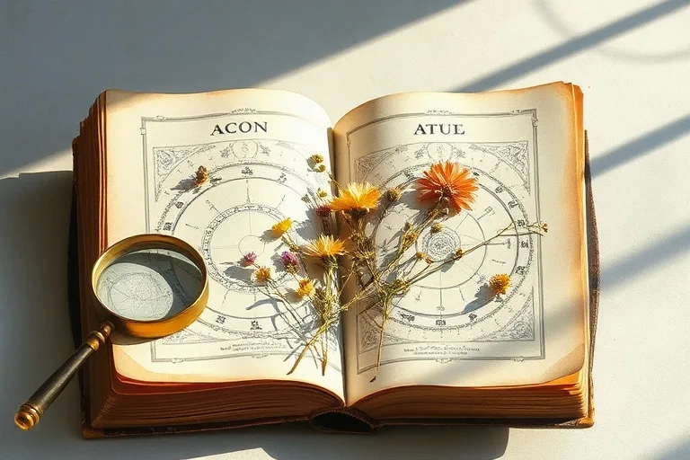 Pintura acuarela de un libro de astrología antiguo abierto con flores prensadas y una lupa.