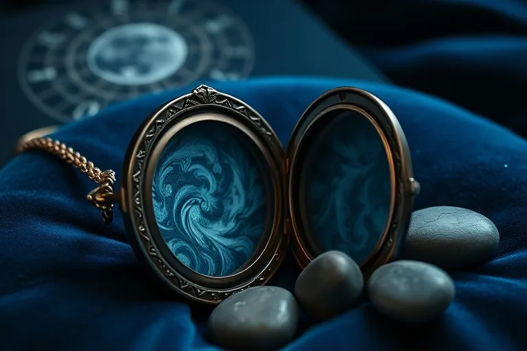 Fotografía cinematográfica de un relicario de plata antiguo abierto sobre un cojín de terciopelo, reflejando luz lunar difusa. Dentro, un patrón abstracto de azules y grises representa emociones complejas, rodeado de piedras de río pulidas que simbolizan necesidades internas.