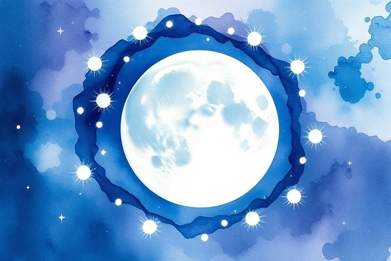 Pintura abstracta en acuarela que representa la naturaleza cíclica de la luna y su conexión con el yo interior. Tonos de índigo, violeta y blanco perla se mezclan, formando una representación dinámica de las fases lunares con líneas interconectadas y orbes brillantes.