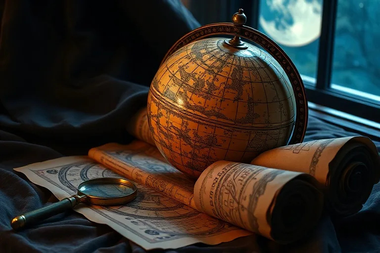 Globo celeste antiguo detallado sobre tela de terciopelo, rodeado de pergaminos con cartas astrológicas y una lupa, iluminado por la luz de la luna.