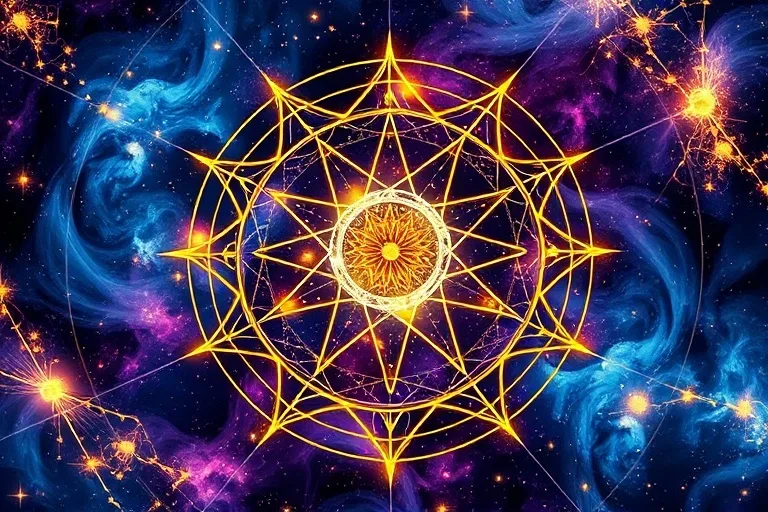 Pintura conceptual abstracta con energías arremolinadas y líneas interconectadas que representan aspectos planetarios, en tonos de azul, púrpura y oro.