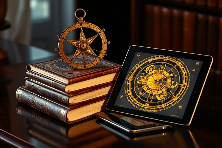 Antiguo astrolabio de latón sobre libros de astrología, con una tablet moderna mostrando una carta natal, fusionando sabiduría ancestral y tecnología.