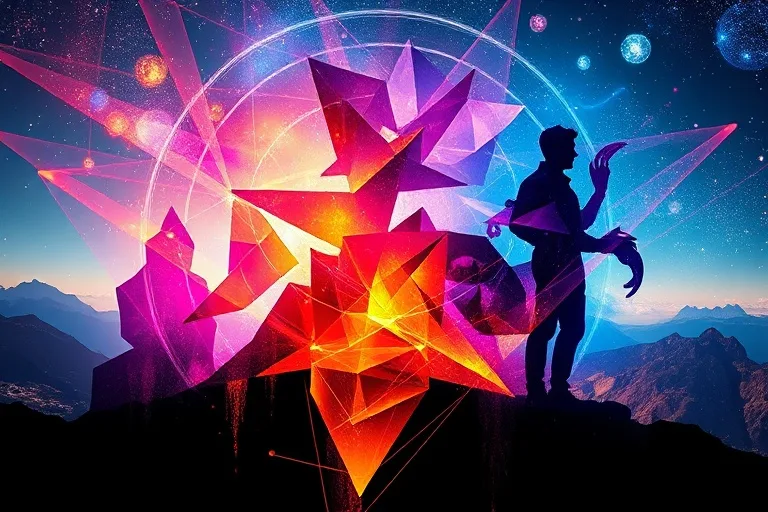 Pintura abstracta con colores vibrantes y formas geométricas, representando el flujo de energías planetarias y las fuerzas cósmicas.