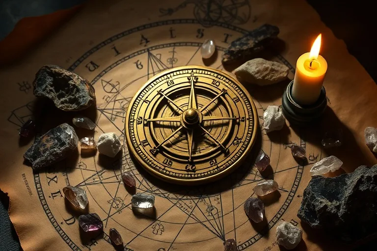Bodegón cinematográfico de un antiguo astrolabio sobre un pergamino envejecido con símbolos astrológicos manuscritos, rodeado de cristales dispersos y una vela encendida, con una iluminación suave y dramática y ricas texturas, evocando una estética académica oscura.
