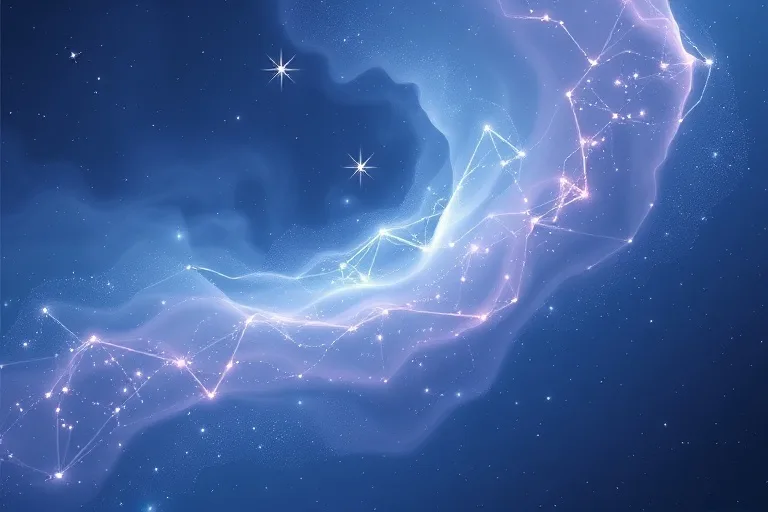 Arte conceptual de una representación abstracta de energías cósmicas interconectadas, con nebulosas arremolinadas formando patrones sutiles y delicados hilos de luz que conectan estrellas distantes, transmitiendo una sensación de flujo universal e influencia, con una composición minimalista y gradientes suaves.