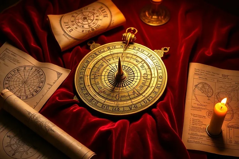 Antiguo astrolabio sobre terciopelo, rodeado de cartas astrológicas manuscritas
