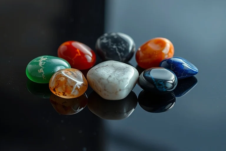 Fotografía de bodegón de cinco piedras naturales pulidas que representan los elementos chinos (madera, fuego, tierra, metal, agua), dispuestas en un círculo armonioso y fluido sobre una superficie oscura y reflectante, con iluminación ambiental suave y un primer plano detallado.