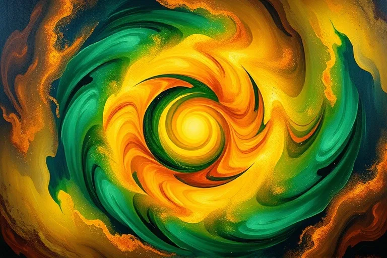 Pintura al óleo abstracta con patrones arremolinados de colores complementarios (verdes profundos, marrones ricos, amarillos brillantes) que se mezclan y suavizan entre sí, representando una sensación de resolución e integración, con pinceladas texturizadas y una composición dinámica.