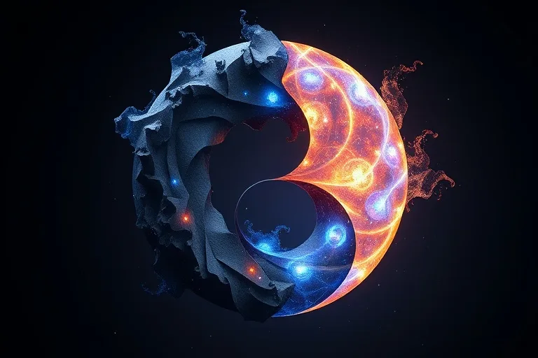 Representación estilizada de Yin y Yang con los ocho trigramas en un diseño 3D etéreo.