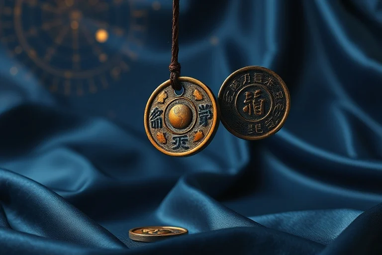 Pintura al óleo de antiguas monedas chinas cayendo sobre un paño de seda, simbolizando la adivinación.
