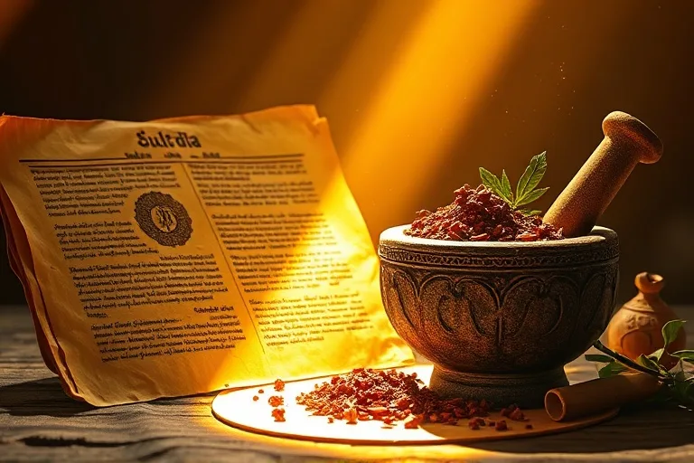 Bodegón cinematográfico de manuscritos antiguos de hojas de palma y un mortero con hierbas ayurvédicas, iluminado por un rayo de luz dorada.
