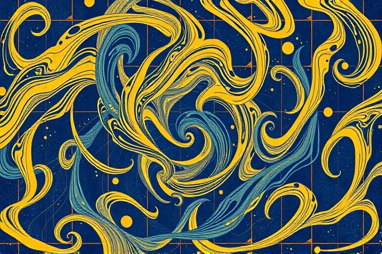 Arte conceptual abstracto de patrones energéticos arremolinados en azules y oros, que se asemejan a órbitas planetarias y al flujo de energía vital dentro de una forma estilizada, sin mostrar una figura humana.