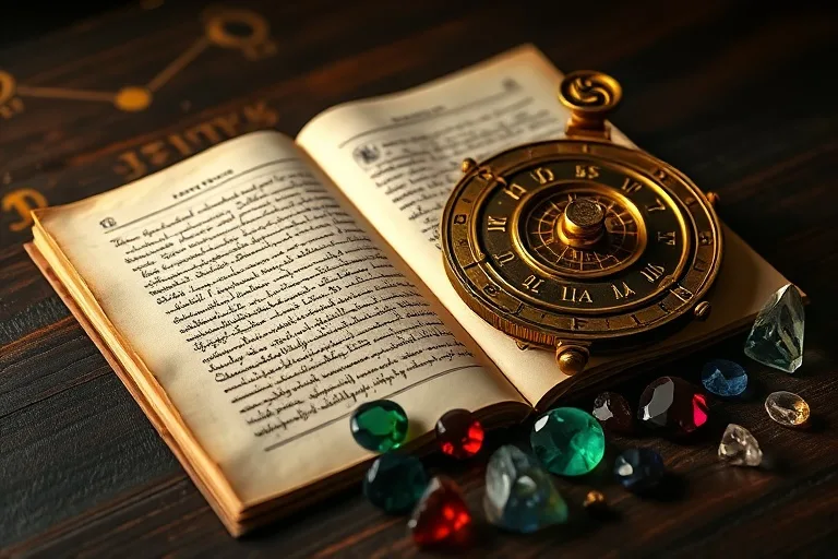Fotografía de bodegón de textos antiguos de astrología, un astrolabio y gemas, simbolizando las herramientas del Jyotish.