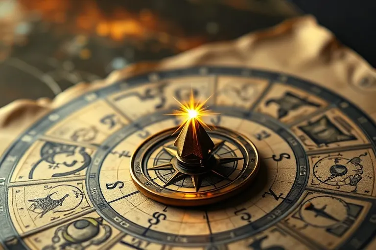 Una brújula antigua señala una estrella brillante en un mapa desplegado, simbolizando la búsqueda de oportunidades y el camino hacia el crecimiento personal.