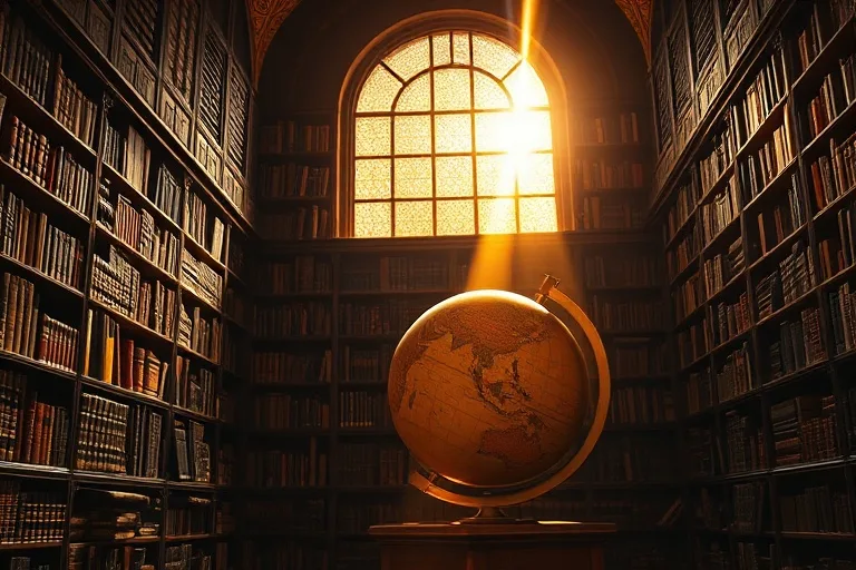 Una biblioteca antigua con estanterías llenas de libros y un globo terráqueo, iluminada por un rayo de sol, simbolizando la sabiduría y el crecimiento intelectual.