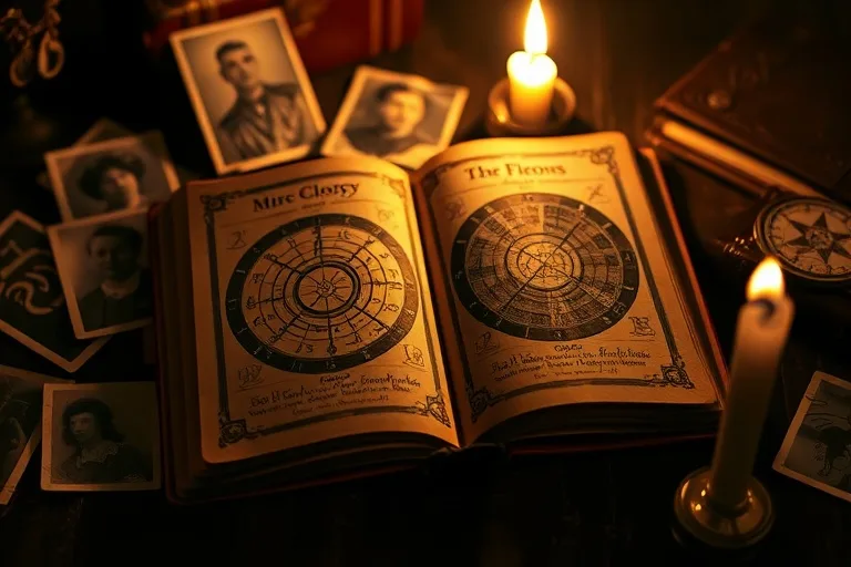 Fotografía cinematográfica de un libro de astrología antiguo con fotos familiares borrosas, una vela parpadeante y sombras dramáticas, simbolizando el legado familiar en la carta astral.