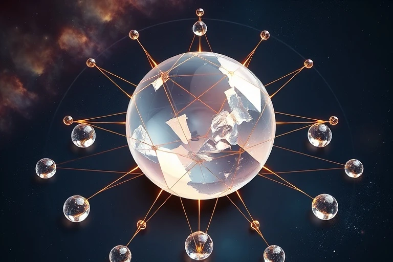 Renderizado isométrico 3D de una esfera de cristal fragmentada conectada por hilos de luz a otras esferas, simbolizando la sanación de patrones ancestrales y el karma familiar.