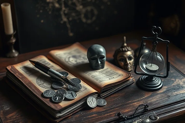 Una colección de objetos antiguos sobre un escritorio de madera envejecida: un diario de cuero, una pluma de ave, monedas de plata deslustradas, una casa en miniatura ornamentada, una pequeña máscara teatral y una balanza de precisión. Los objetos están dispuestos para simbolizar distintas facetas de la vida influenciadas por las casas astrológicas. La iluminación suave crea contrastes de luz y sombra.