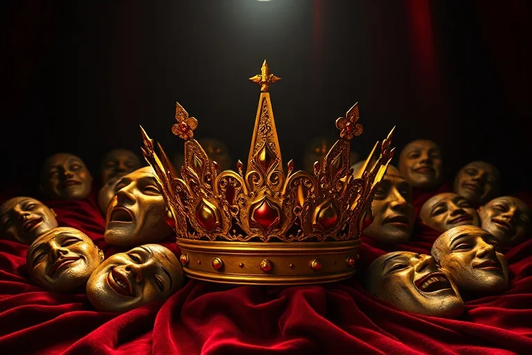 Fotografía macro de una corona dorada sobre terciopelo rojo, rodeada de máscaras teatrales antiguas bajo un foco.